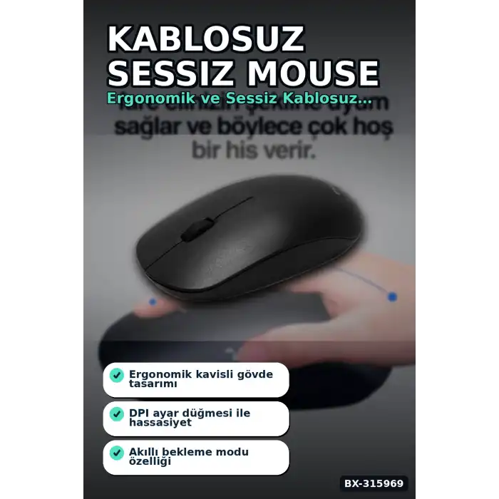 Kablosuz Mouse Sessiz Tıklamalı 5000 DPI USB Alıcılı 43 gr Hafif PC Faresi BX-315969
