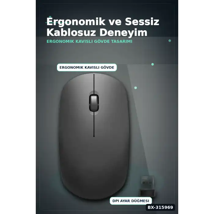 Kablosuz Mouse Sessiz Tıklamalı 5000 DPI USB Alıcılı 43 gr Hafif PC Faresi BX-315969