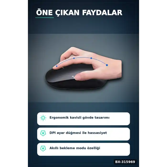 Kablosuz Mouse Sessiz Tıklamalı 5000 DPI USB Alıcılı 43 gr Hafif PC Faresi BX-315969