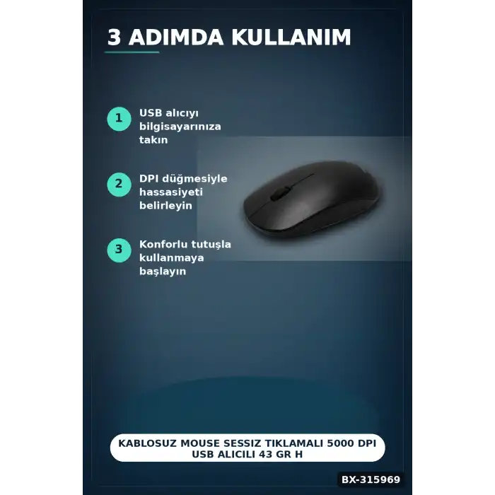 Kablosuz Mouse Sessiz Tıklamalı 5000 DPI USB Alıcılı 43 gr Hafif PC Faresi BX-315969
