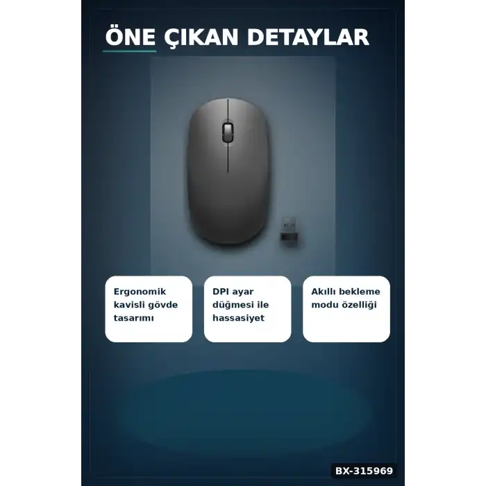 Kablosuz Mouse Sessiz Tıklamalı 5000 DPI USB Alıcılı 43 gr Hafif PC Faresi BX-315969