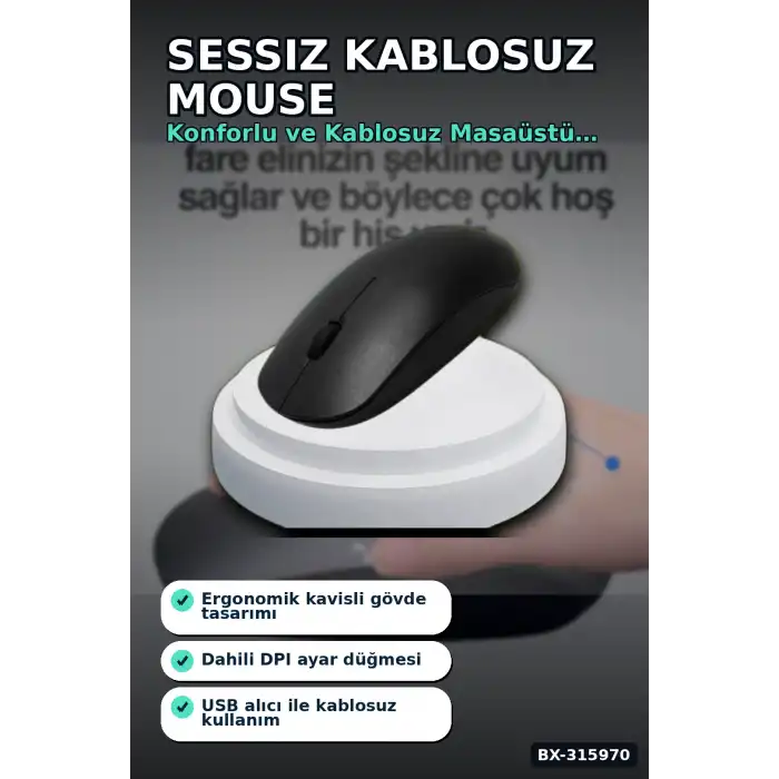 Sessiz Kablosuz Mouse 1600 DPI Optik Sensörlü 10 Metre Menzilli USB Fare BX-315970