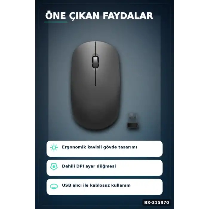 Sessiz Kablosuz Mouse 1600 DPI Optik Sensörlü 10 Metre Menzilli USB Fare BX-315970