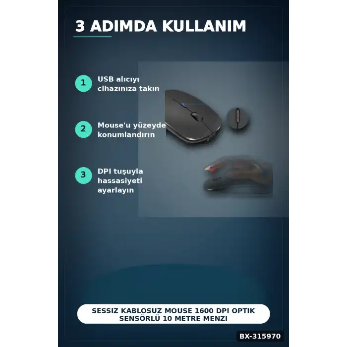 Sessiz Kablosuz Mouse 1600 DPI Optik Sensörlü 10 Metre Menzilli USB Fare BX-315970