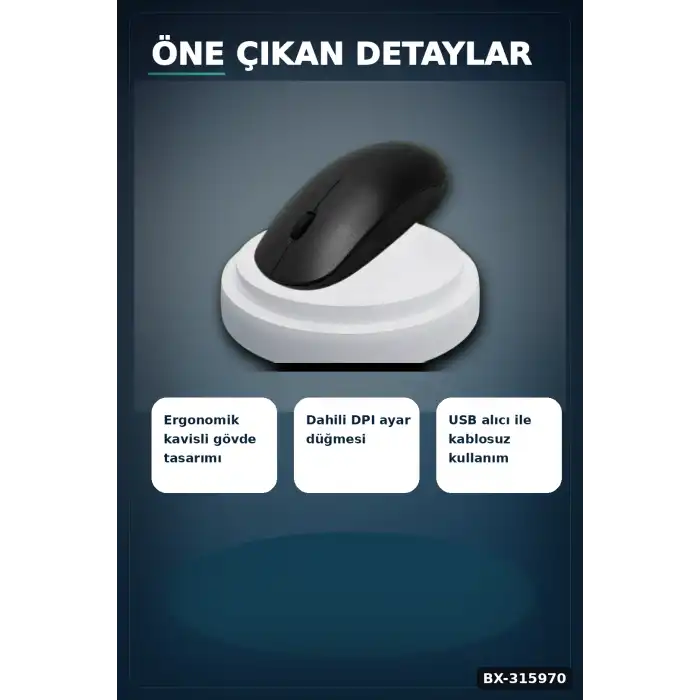 Sessiz Kablosuz Mouse 1600 DPI Optik Sensörlü 10 Metre Menzilli USB Fare BX-315970