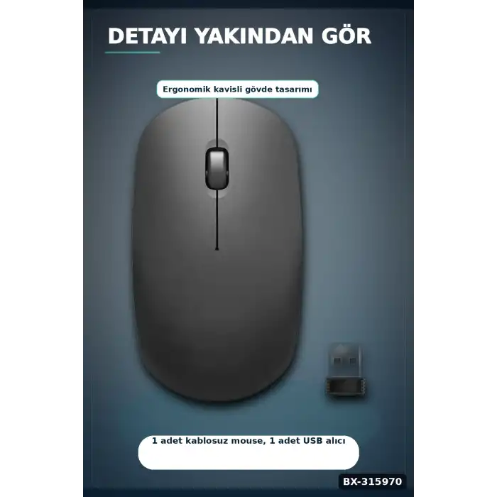 Sessiz Kablosuz Mouse 1600 DPI Optik Sensörlü 10 Metre Menzilli USB Fare BX-315970