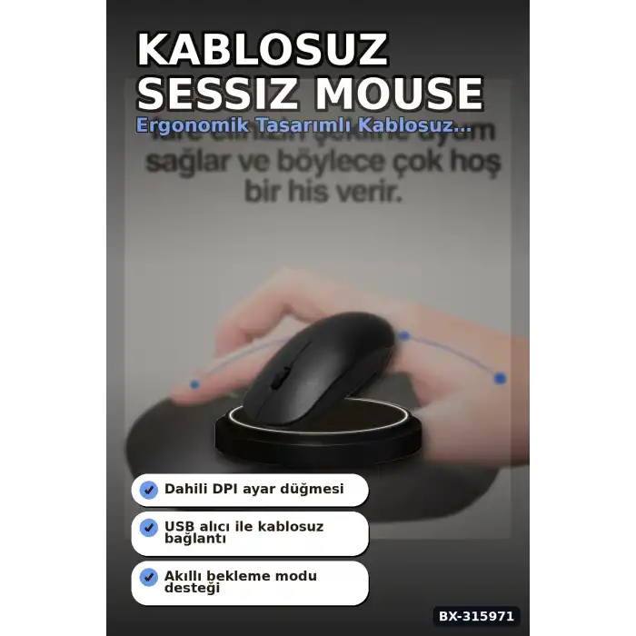 Kablosuz Mouse Sessiz Tıklamalı 1600 DPI 43 gr USB Alıcılı Ergonomik Fare BX-315971