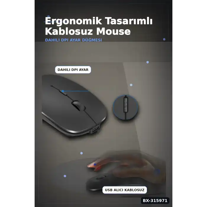 Kablosuz Mouse Sessiz Tıklamalı 1600 DPI 43 gr USB Alıcılı Ergonomik Fare BX-315971