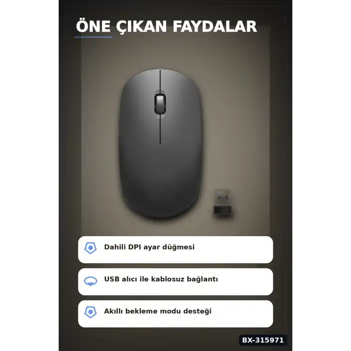 Kablosuz Mouse Sessiz Tıklamalı 1600 DPI 43 gr USB Alıcılı Ergonomik Fare BX-315971