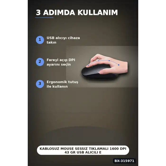 Kablosuz Mouse Sessiz Tıklamalı 1600 DPI 43 gr USB Alıcılı Ergonomik Fare BX-315971