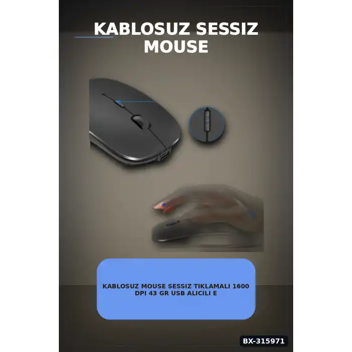 Kablosuz Mouse Sessiz Tıklamalı 1600 DPI 43 gr USB Alıcılı Ergonomik Fare BX-315971