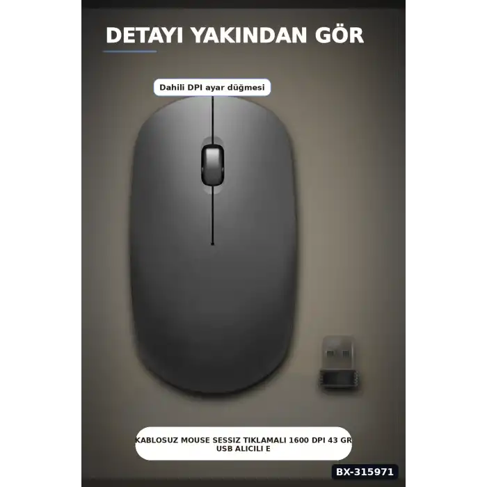 Kablosuz Mouse Sessiz Tıklamalı 1600 DPI 43 gr USB Alıcılı Ergonomik Fare BX-315971
