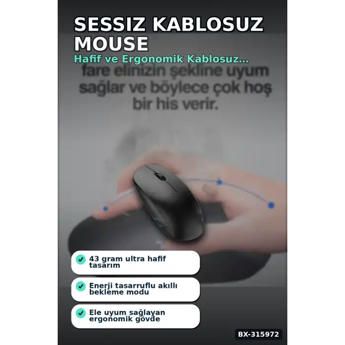 Sessiz Kablosuz Mouse - 43 Gr Hafif USB Optik Fare, 10 Metre Çekim Alanı BX-315972