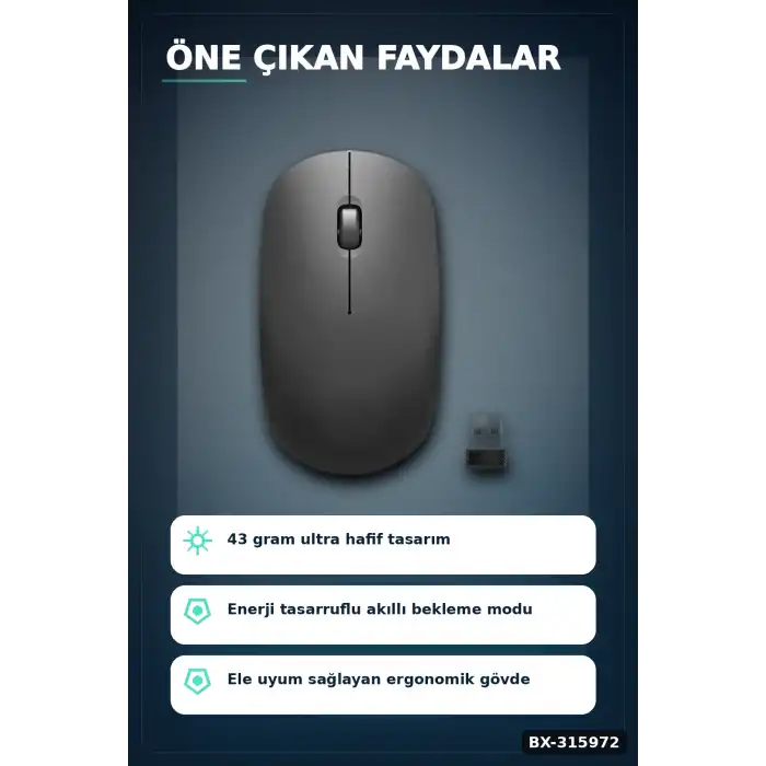 Sessiz Kablosuz Mouse - 43 Gr Hafif USB Optik Fare, 10 Metre Çekim Alanı BX-315972