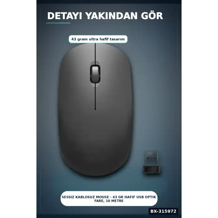 Sessiz Kablosuz Mouse - 43 Gr Hafif USB Optik Fare, 10 Metre Çekim Alanı BX-315972
