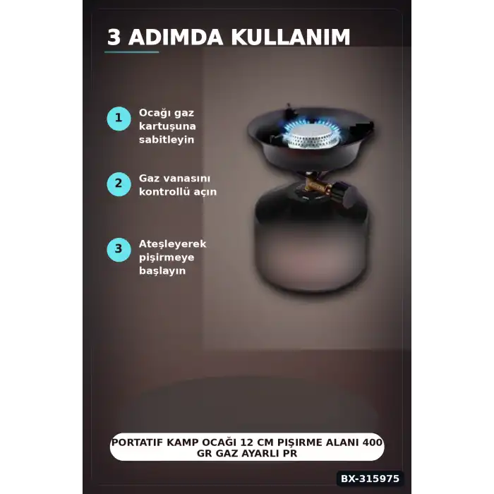 Portatif Kamp Ocağı 12 cm Pişirme Alanı 400 gr Gaz Ayarlı Pratik Doğa Ekipmanı BX-315975