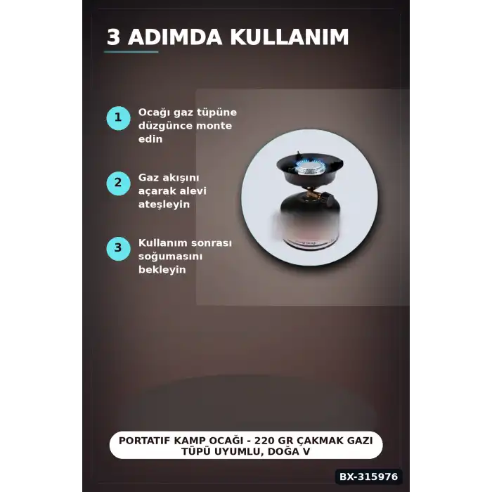 Portatif Kamp Ocağı - 220 gr Çakmak Gazı Tüpü Uyumlu, Doğa ve Piknik Tipi BX-315976