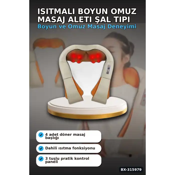 Isıtmalı Boyun Masaj Aleti - Omuz Sırt Şal Tipi Yoğurmalı Masaj Cihazı, Araç ve Ev Uyumlu BX-315979