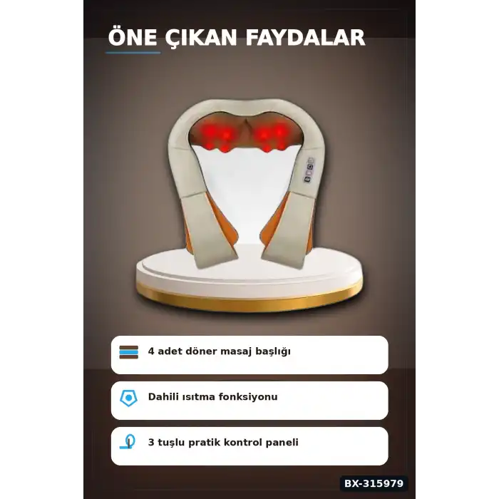 Isıtmalı Boyun Masaj Aleti - Omuz Sırt Şal Tipi Yoğurmalı Masaj Cihazı, Araç ve Ev Uyumlu BX-315979