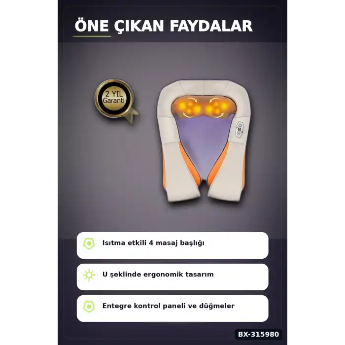 Boyun Ve Sırt Masaj Aleti - Isıtmalı 4D Yoğurmalı Ovma Cihazı, Ev Ve Araç Tipi BX-315980