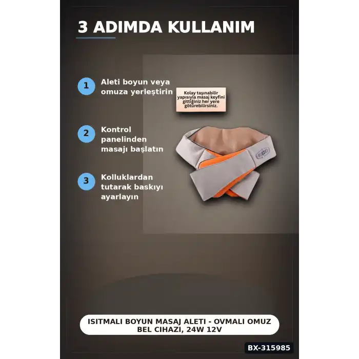 Isıtmalı Boyun Masaj Aleti - Ovmalı Omuz Bel Cihazı, 24W 12V 15 Dakika BX-315985