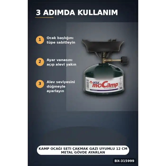 Kamp Ocağı Seti Çakmak Gazı Uyumlu 12 cm Metal Gövde Ayarlanabilir Alev BX-315999
