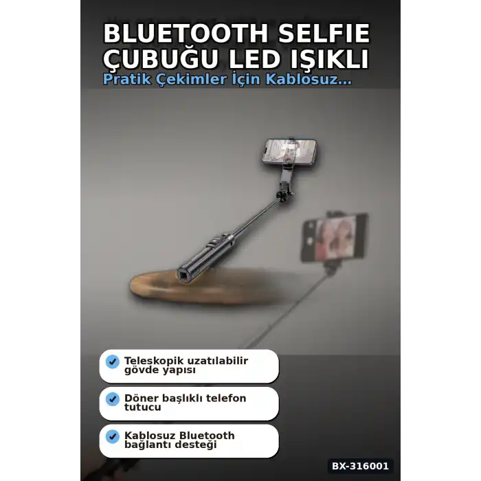 Bluetooth Selfie Çubuğu LED Işıklı Uzaktan Kumandalı Ayarlanabilir Tripod Tabanlı 130 cm BX-316001
