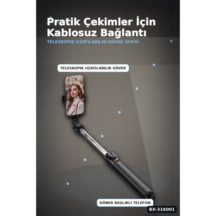 Bluetooth Selfie Çubuğu LED Işıklı Uzaktan Kumandalı Ayarlanabilir Tripod Tabanlı 130 cm BX-316001