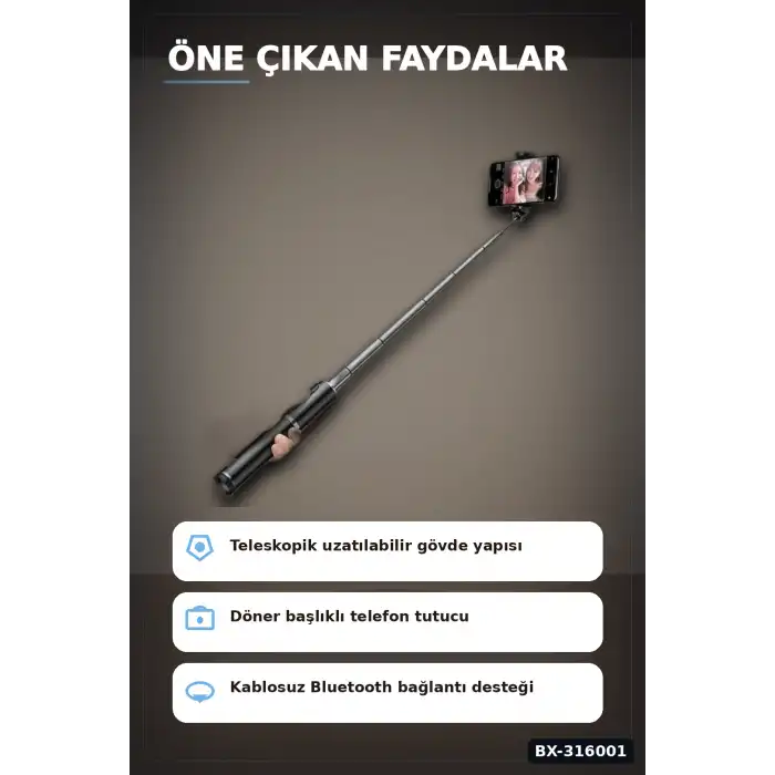 Bluetooth Selfie Çubuğu LED Işıklı Uzaktan Kumandalı Ayarlanabilir Tripod Tabanlı 130 cm BX-316001