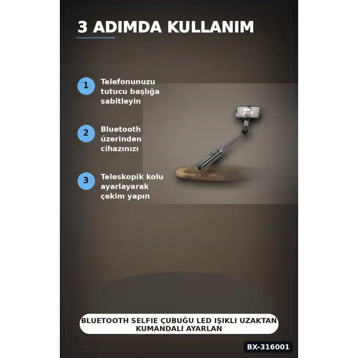 Bluetooth Selfie Çubuğu LED Işıklı Uzaktan Kumandalı Ayarlanabilir Tripod Tabanlı 130 cm BX-316001