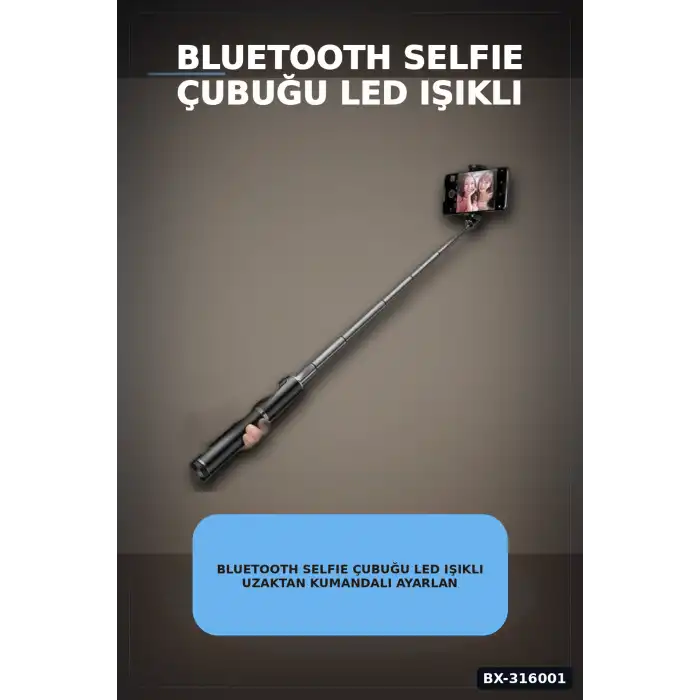 Bluetooth Selfie Çubuğu LED Işıklı Uzaktan Kumandalı Ayarlanabilir Tripod Tabanlı 130 cm BX-316001