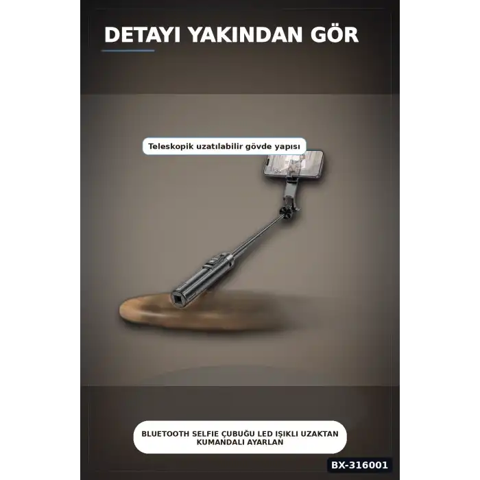Bluetooth Selfie Çubuğu LED Işıklı Uzaktan Kumandalı Ayarlanabilir Tripod Tabanlı 130 cm BX-316001
