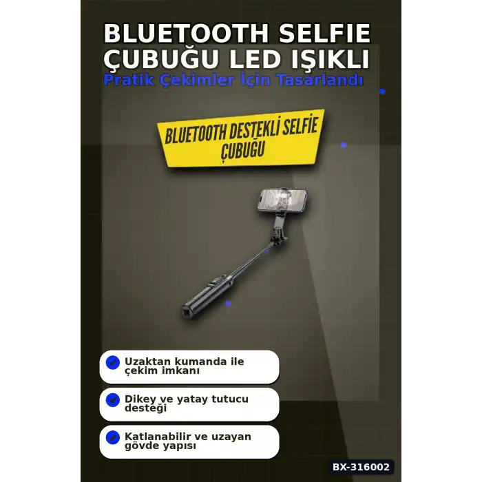 Bluetooth Selfie Çubuğu LED Işıklı Katlanabilir 130 cm Uzaktan Kumandalı BX-316002