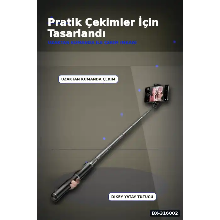 Bluetooth Selfie Çubuğu LED Işıklı Katlanabilir 130 cm Uzaktan Kumandalı BX-316002
