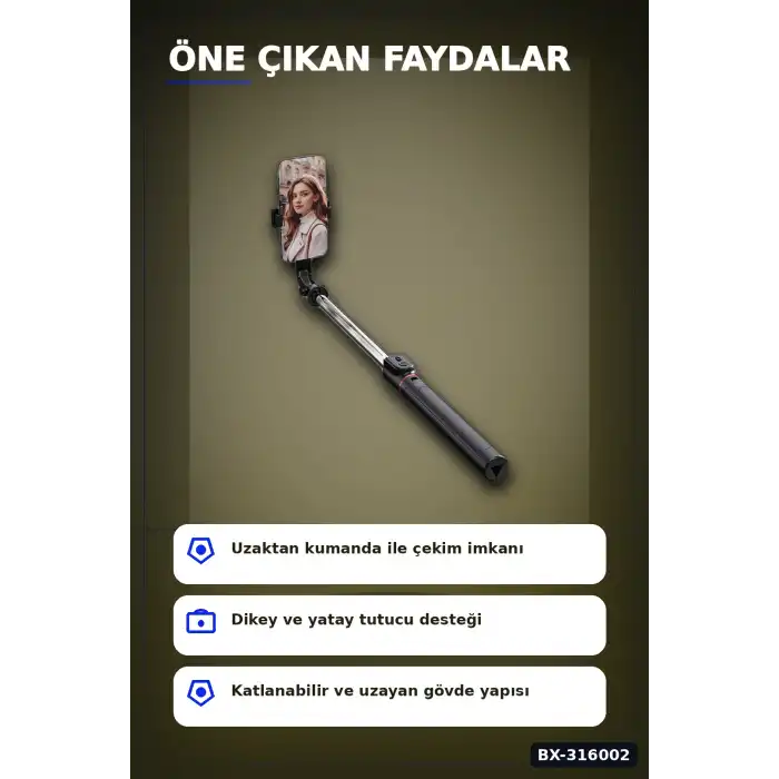 Bluetooth Selfie Çubuğu LED Işıklı Katlanabilir 130 cm Uzaktan Kumandalı BX-316002