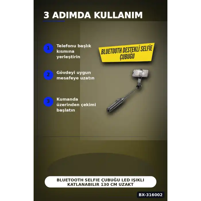 Bluetooth Selfie Çubuğu LED Işıklı Katlanabilir 130 cm Uzaktan Kumandalı BX-316002