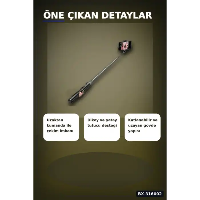 Bluetooth Selfie Çubuğu LED Işıklı Katlanabilir 130 cm Uzaktan Kumandalı BX-316002