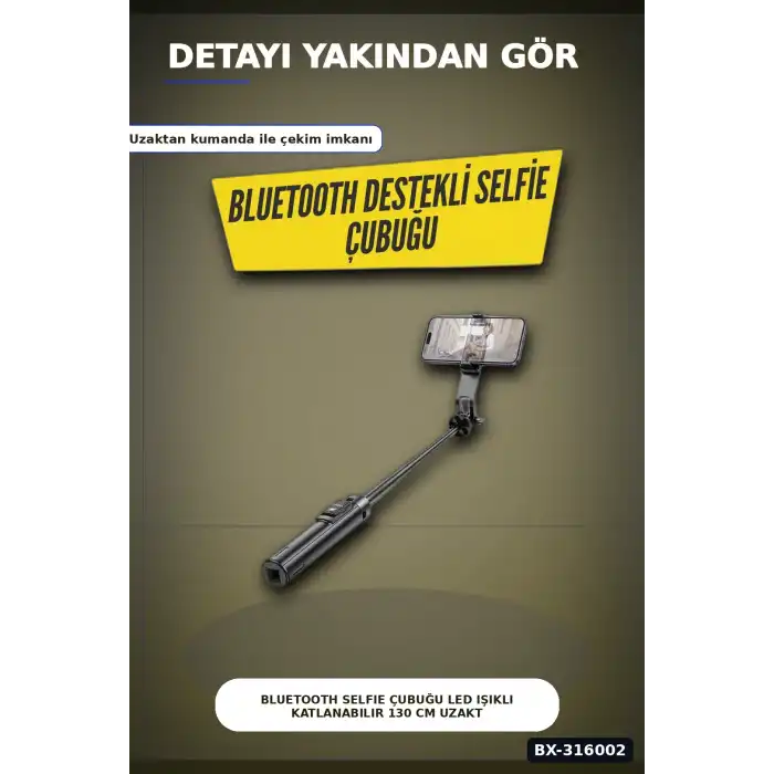 Bluetooth Selfie Çubuğu LED Işıklı Katlanabilir 130 cm Uzaktan Kumandalı BX-316002