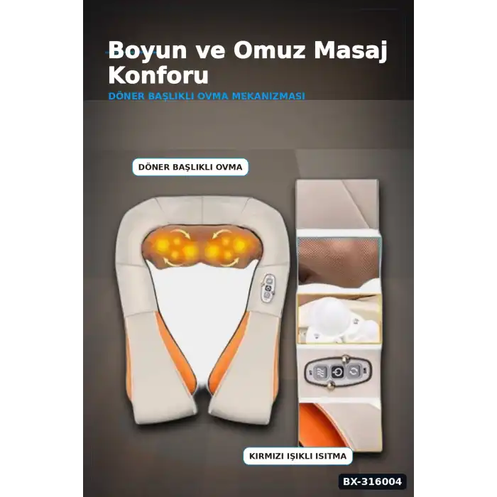 Isıtmalı Masaj Aleti Boyun Sırt Bel Omuz Yoğurmalı Masaj Cihazı Araç Ev Tipi BX-316004