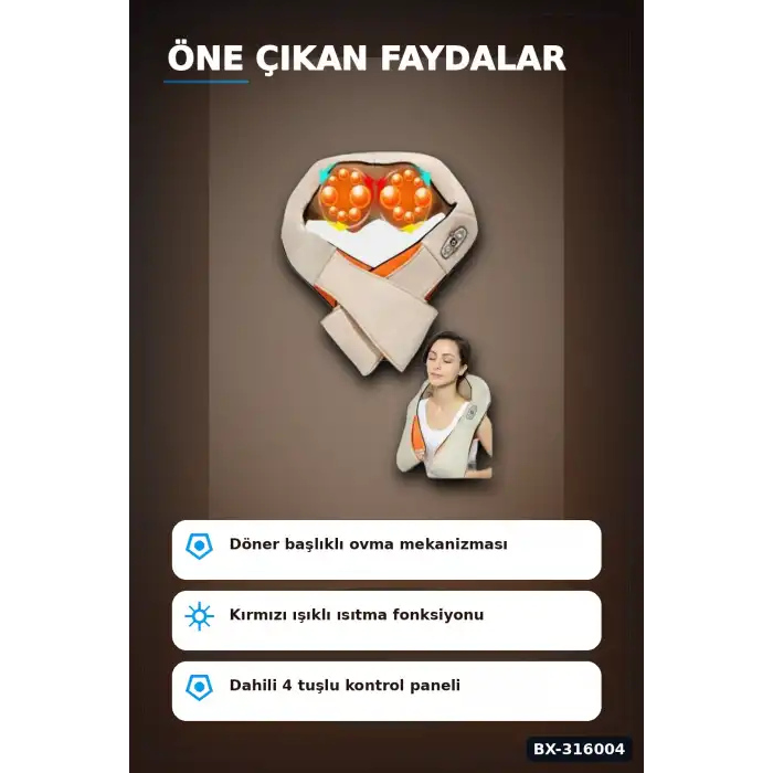 Isıtmalı Masaj Aleti Boyun Sırt Bel Omuz Yoğurmalı Masaj Cihazı Araç Ev Tipi BX-316004
