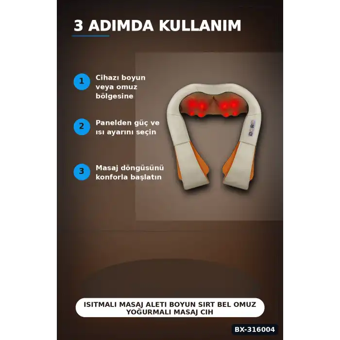 Isıtmalı Masaj Aleti Boyun Sırt Bel Omuz Yoğurmalı Masaj Cihazı Araç Ev Tipi BX-316004