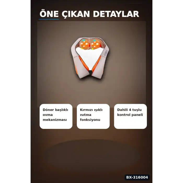Isıtmalı Masaj Aleti Boyun Sırt Bel Omuz Yoğurmalı Masaj Cihazı Araç Ev Tipi BX-316004