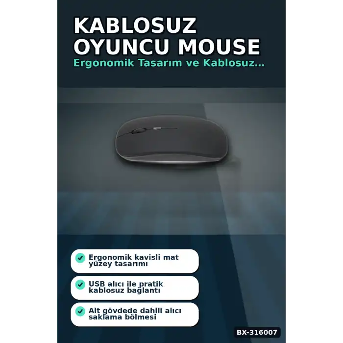 Kablosuz Oyuncu Mouse Ayarlanabilir 1000-5000 DPI Sessiz Tuşlu Optik Fare BX-316007