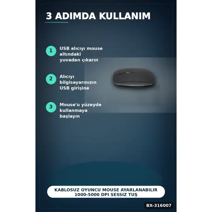 Kablosuz Oyuncu Mouse Ayarlanabilir 1000-5000 DPI Sessiz Tuşlu Optik Fare BX-316007
