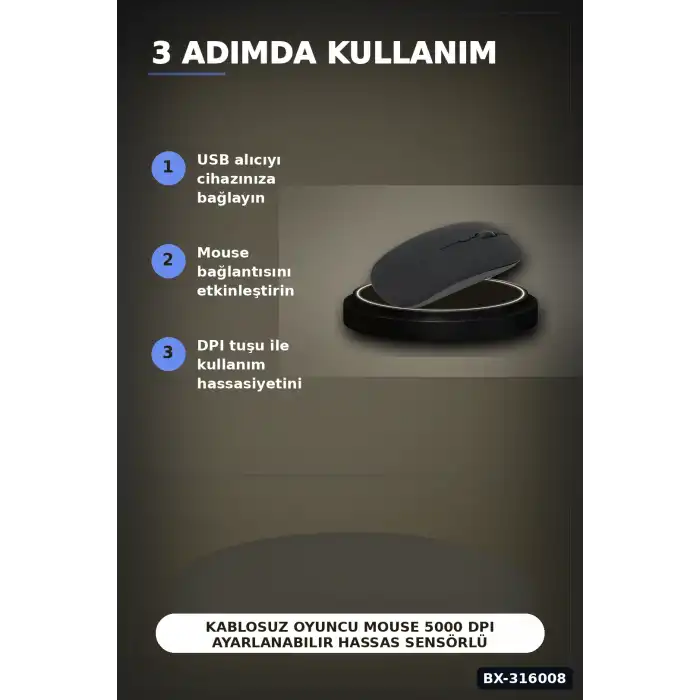 Kablosuz Oyuncu Mouse 5000 DPI Ayarlanabilir Hassas Sensörlü Ergonomik BX-316008