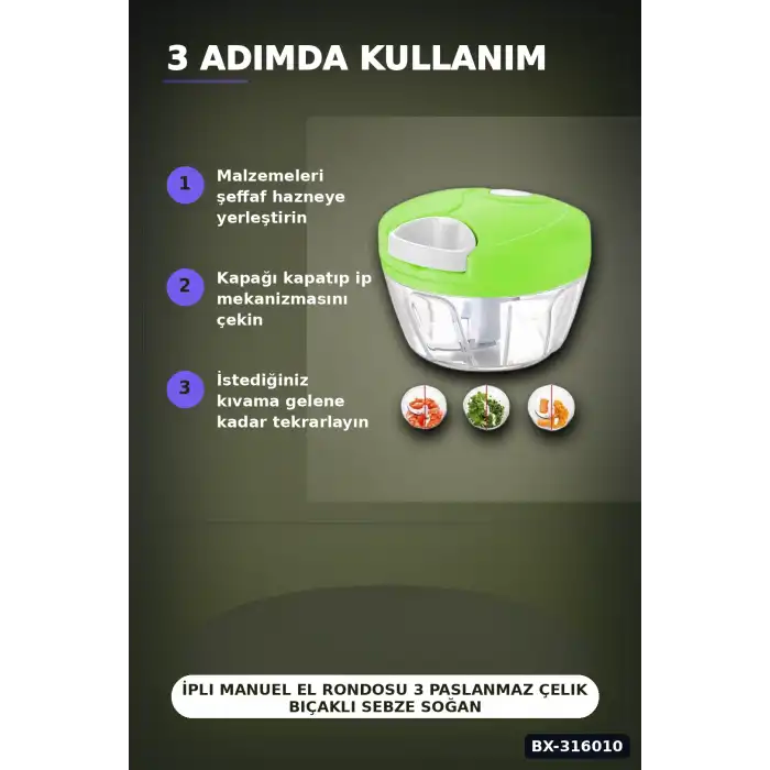 İpli Manuel El Rondosu 3 Paslanmaz Çelik Bıçaklı Sebze Soğan Doğrayıcı BX-316010
