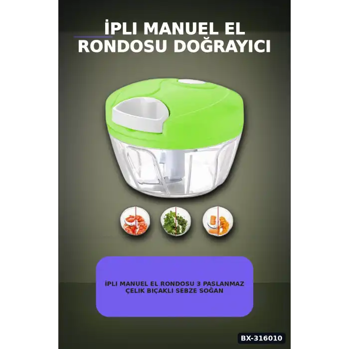 İpli Manuel El Rondosu 3 Paslanmaz Çelik Bıçaklı Sebze Soğan Doğrayıcı BX-316010