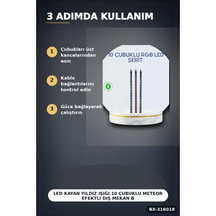 LED Kayan Yıldız Işığı 10 Çubuklu Meteor Efektli Dış Mekan Bahçe Aydınlatma BX-316018