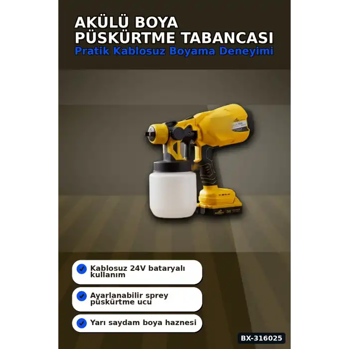 Akülü Boya Püskürtme Tabancası Ayarlanabilir Sprey Uçlu Şarjlı Boyama Aleti BX-316025