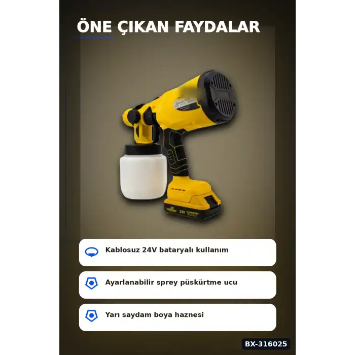 Akülü Boya Püskürtme Tabancası Ayarlanabilir Sprey Uçlu Şarjlı Boyama Aleti BX-316025